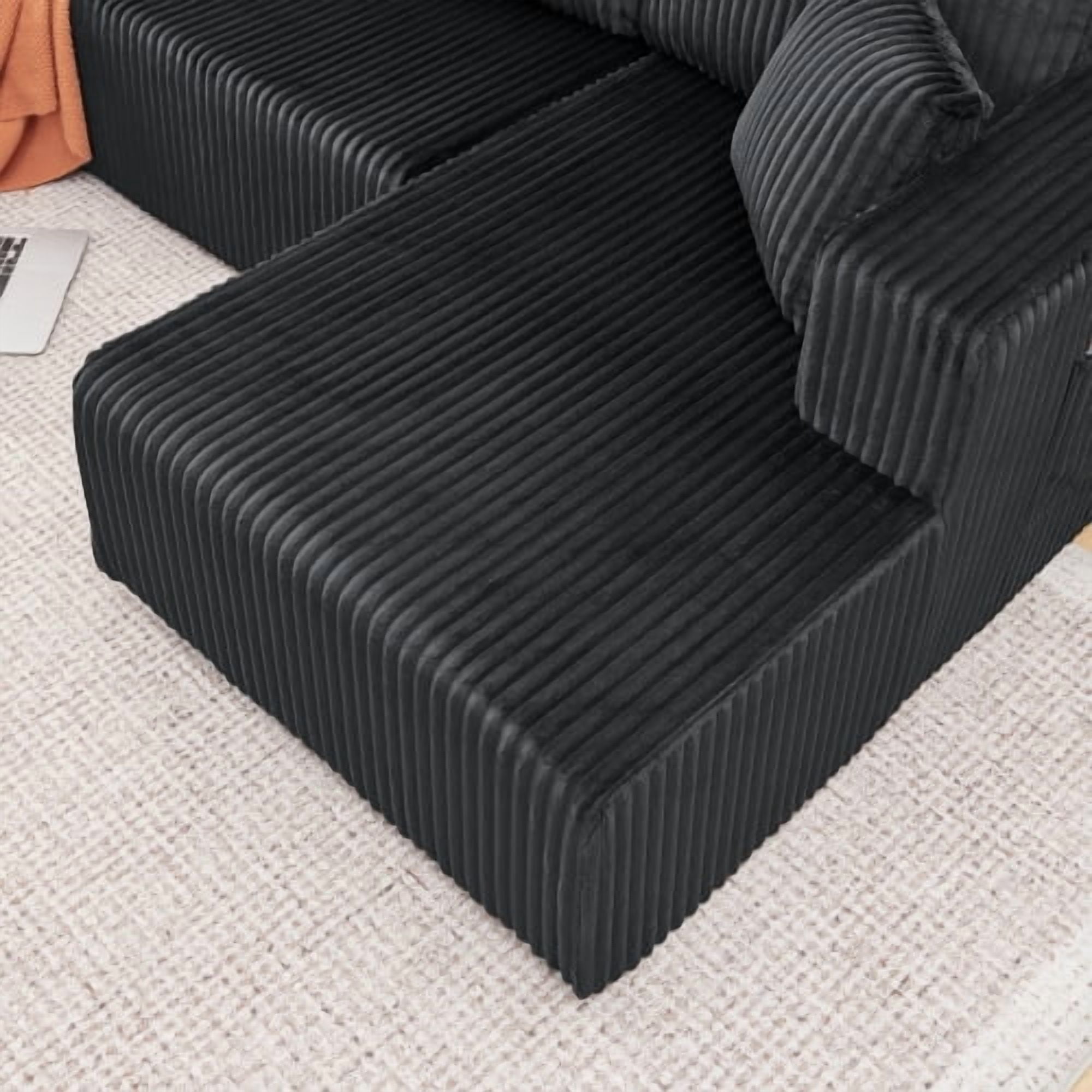 132" U-Shaped Modular Sectional Sofa, Compressed Cloud Couch with Side Pockets, Corduroy Memory Foam Sleeper Sofa, No Assembly Required, Black