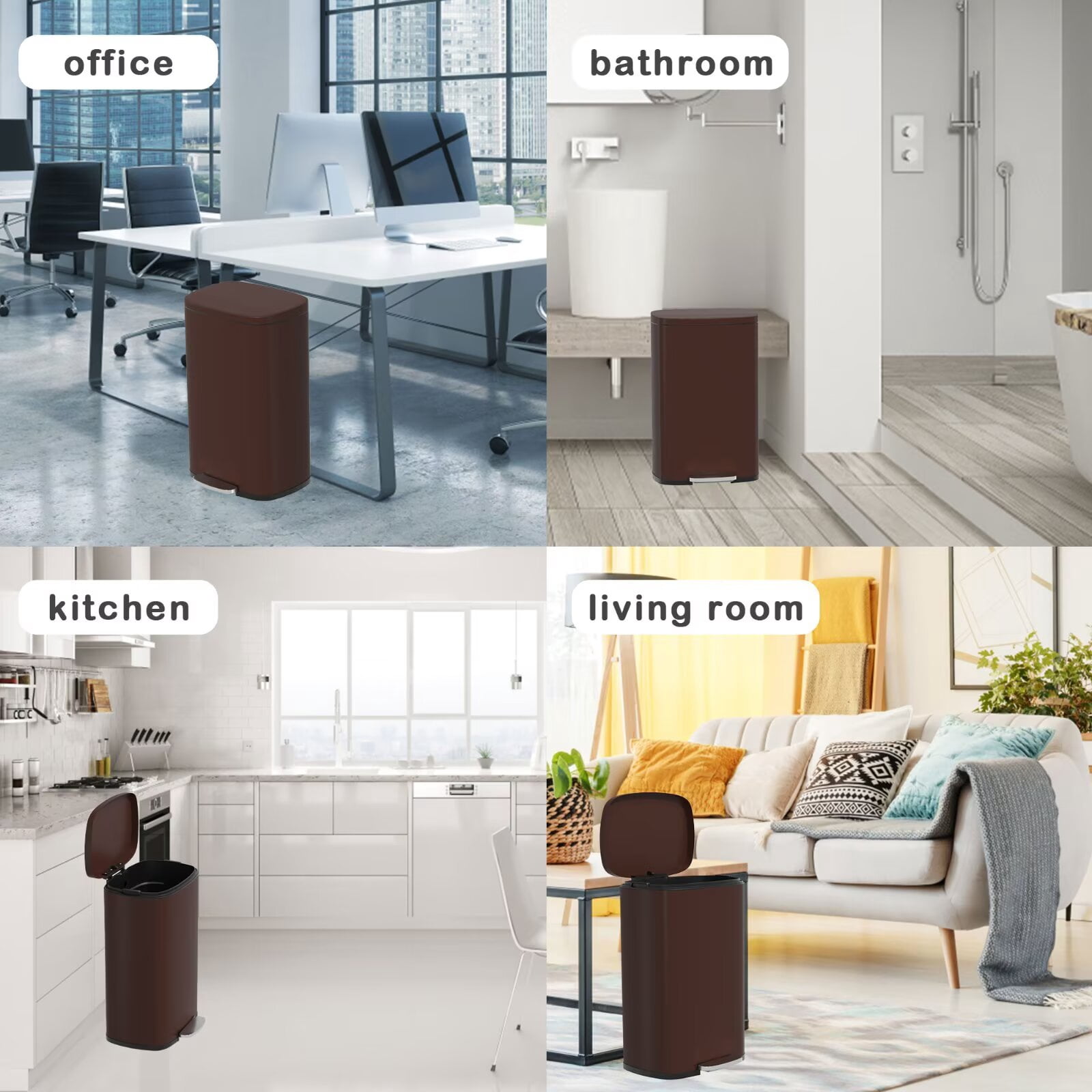 YRLLENSDAN 50 Liter/13 Gallon Stainless Steel Trash Can, Garbage Can with Lid and Removable Inner Bucket, Fingerprint Proof Trash Bin for Bathroom Kitchen Bedroom Office, Brown
