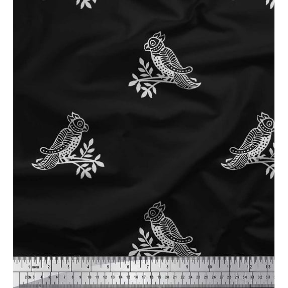 Soimoi Crepe Silk Fabric Bird Block Print Fabric by The Yard 42 Inch Wide