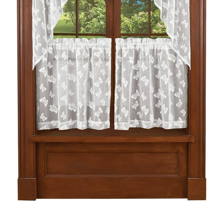 Butterfly Lace Cafe Curtain Tier Set For Kitchen Bathroom 52 X