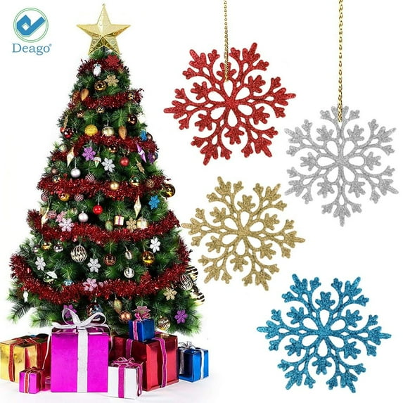Deago 24 Pcs Christmas Glitter Snowflake Ornaments Xmas Home Party Christmas Tree Decorations (3.8", Red)
