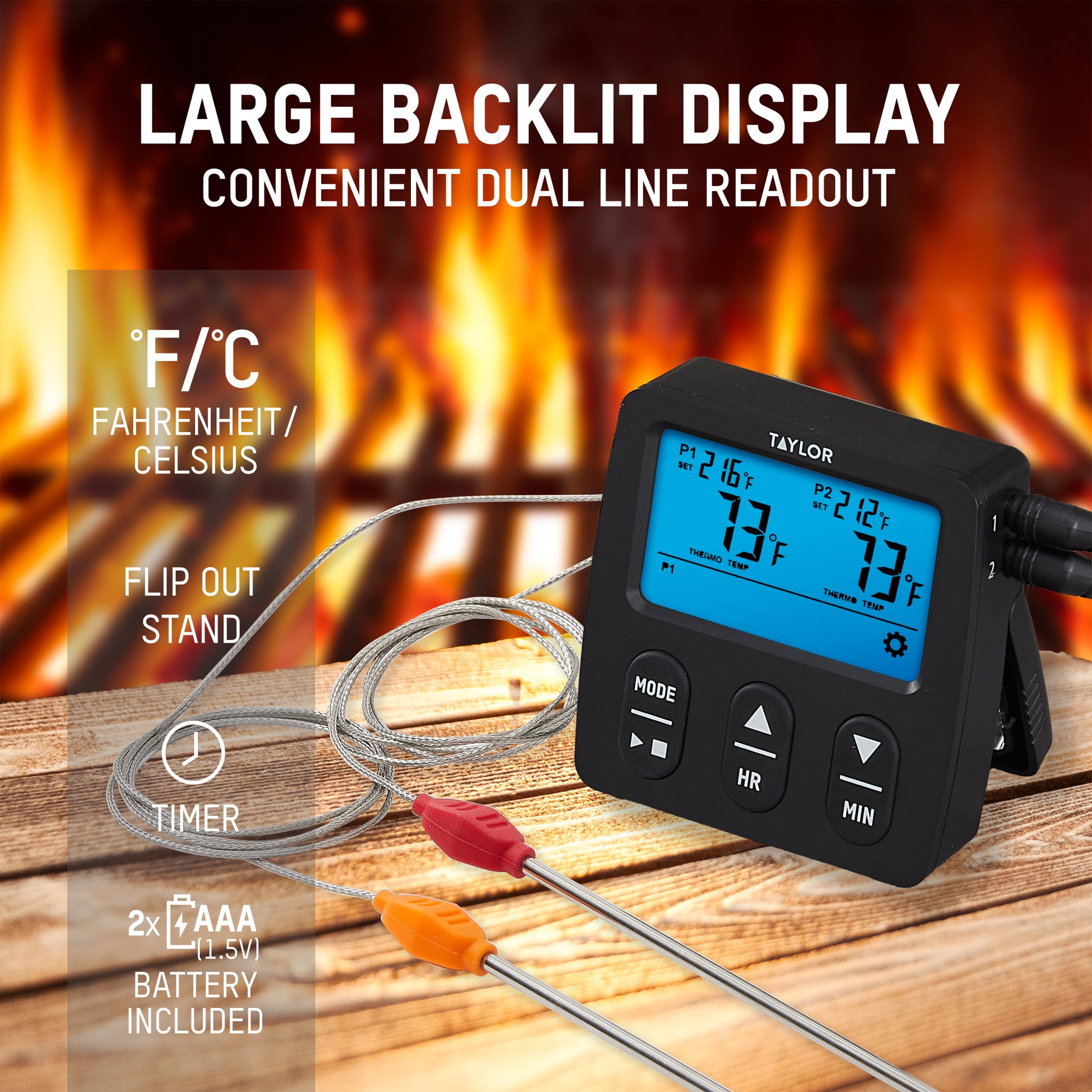 Taylor Programmable Dual Probe Digital Grill Food Thermometer, Stainless Steel, Black