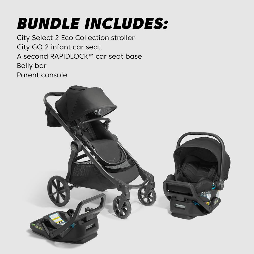 Baby Jogger City Select 2 Travel System, Eco Collection, Infant Essentials Bundle Includes City GO 2 Infant Car Seat, Extra Car Seat Base, Belly Bar & Parent Console