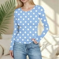 thumbnail image 2 of YOIAVAIOY Women Ribbed Knit Long Sleeve Shirts Slim Fit Basic Tee Casual Polka Dot Crew Neck Going Out Textured Tops Sky Blue S, 2 of 6