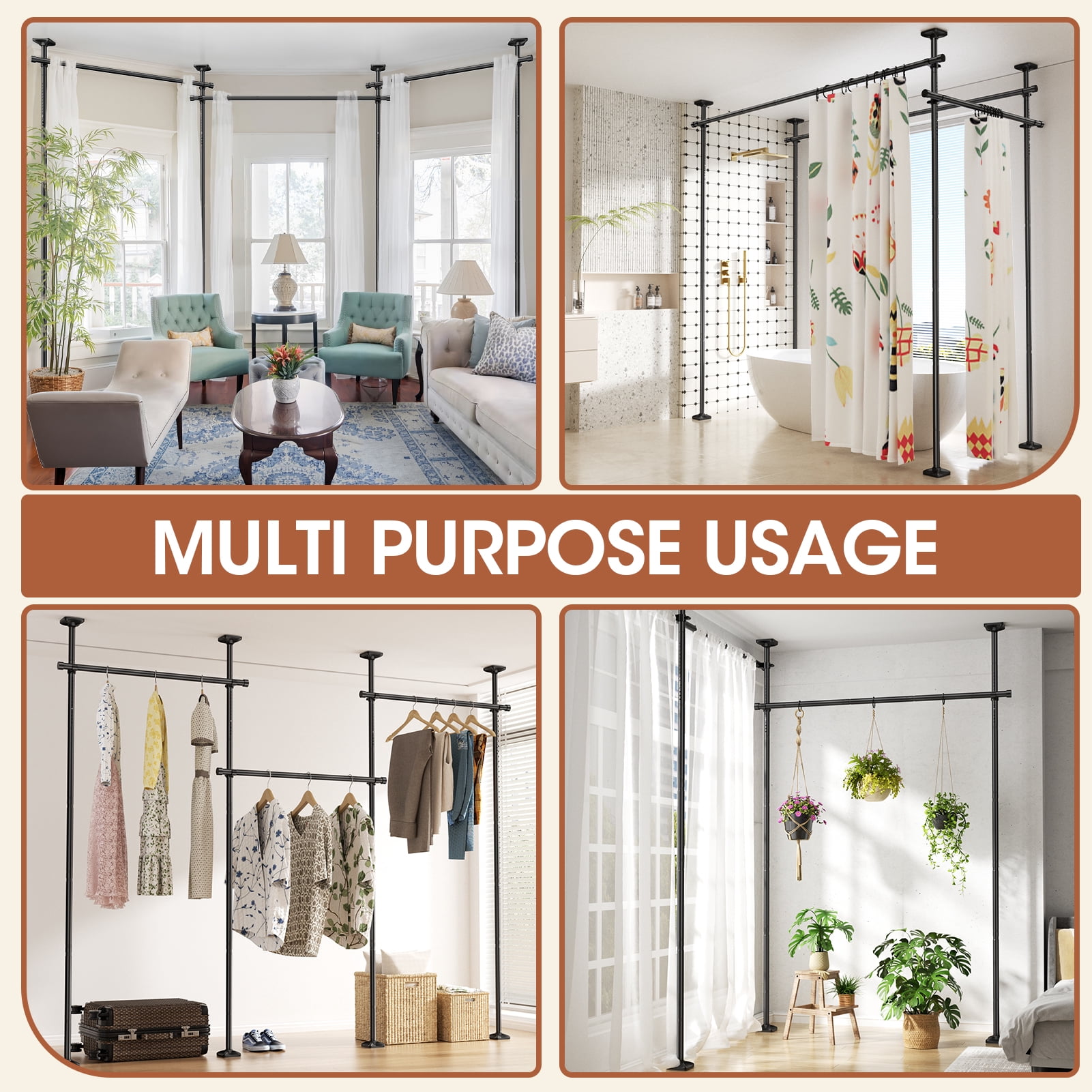 SUNALLY Room Dividers Curtain Rod No Drilling, 4-10ft(H) 28-171inch(W) Adjustable Room Separator for Space Partition, Heavy Duty Floor to Ceiling Tension Rod, Black