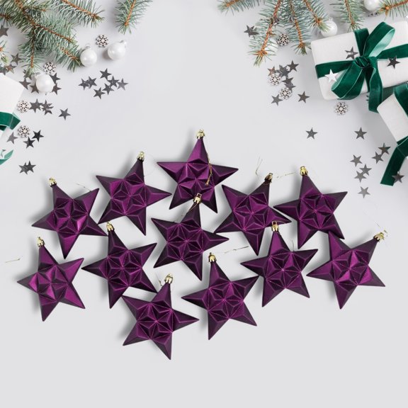 DAK 12ct Purple Shatterproof 2-Finish Star Christmas Ornaments 5"