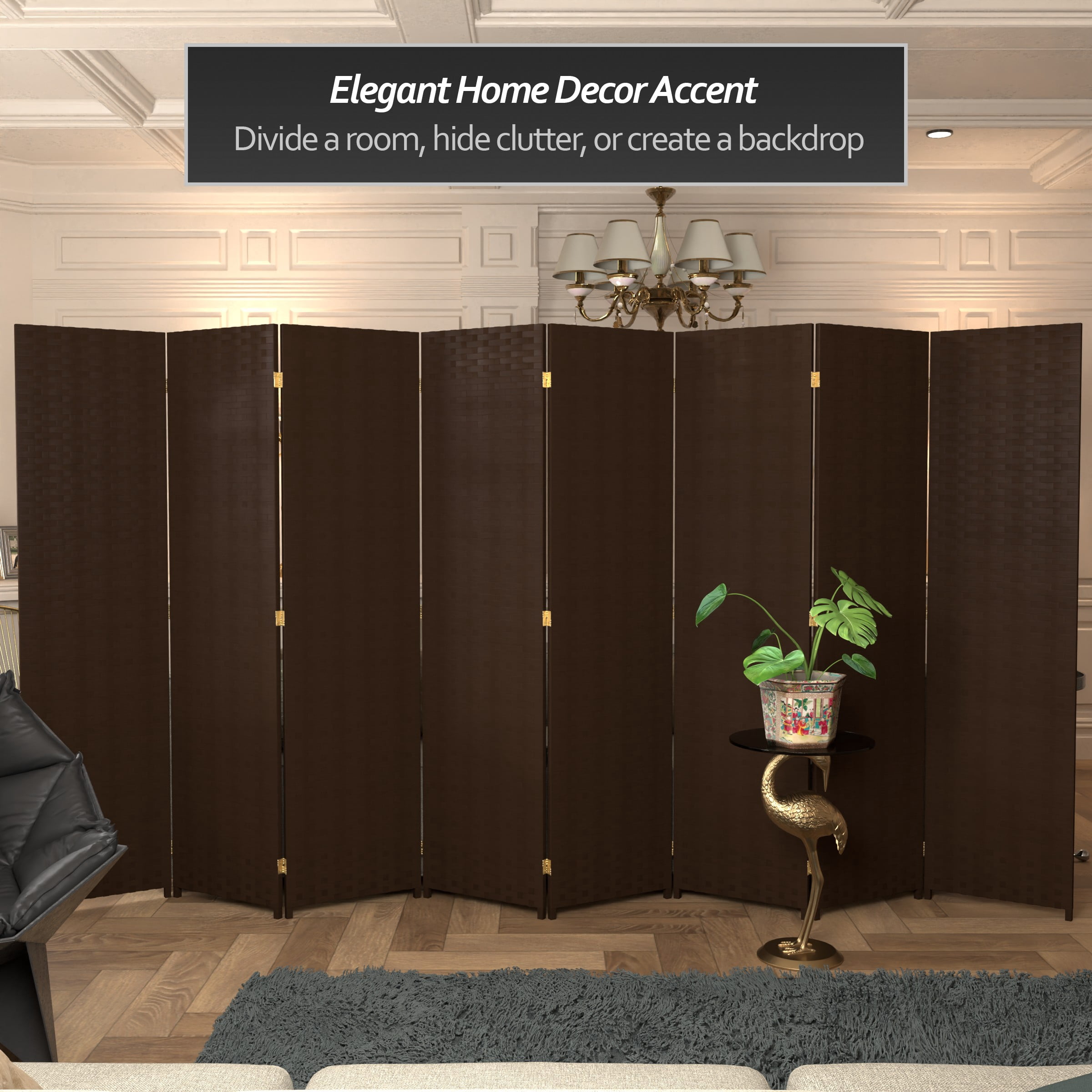 Red Lantern 6 ft. Tall Woven Fiber Folding Screen - Dark Mocha - 8 Panel