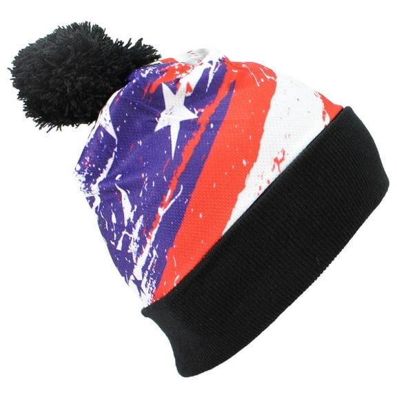 Best Winter Hats American Flag Sublimation Print Cuffed W/Pom Pom - Short