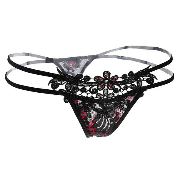 Braguitas de encaje con flores para mujer, lencería, tanga, ropa interior Negro