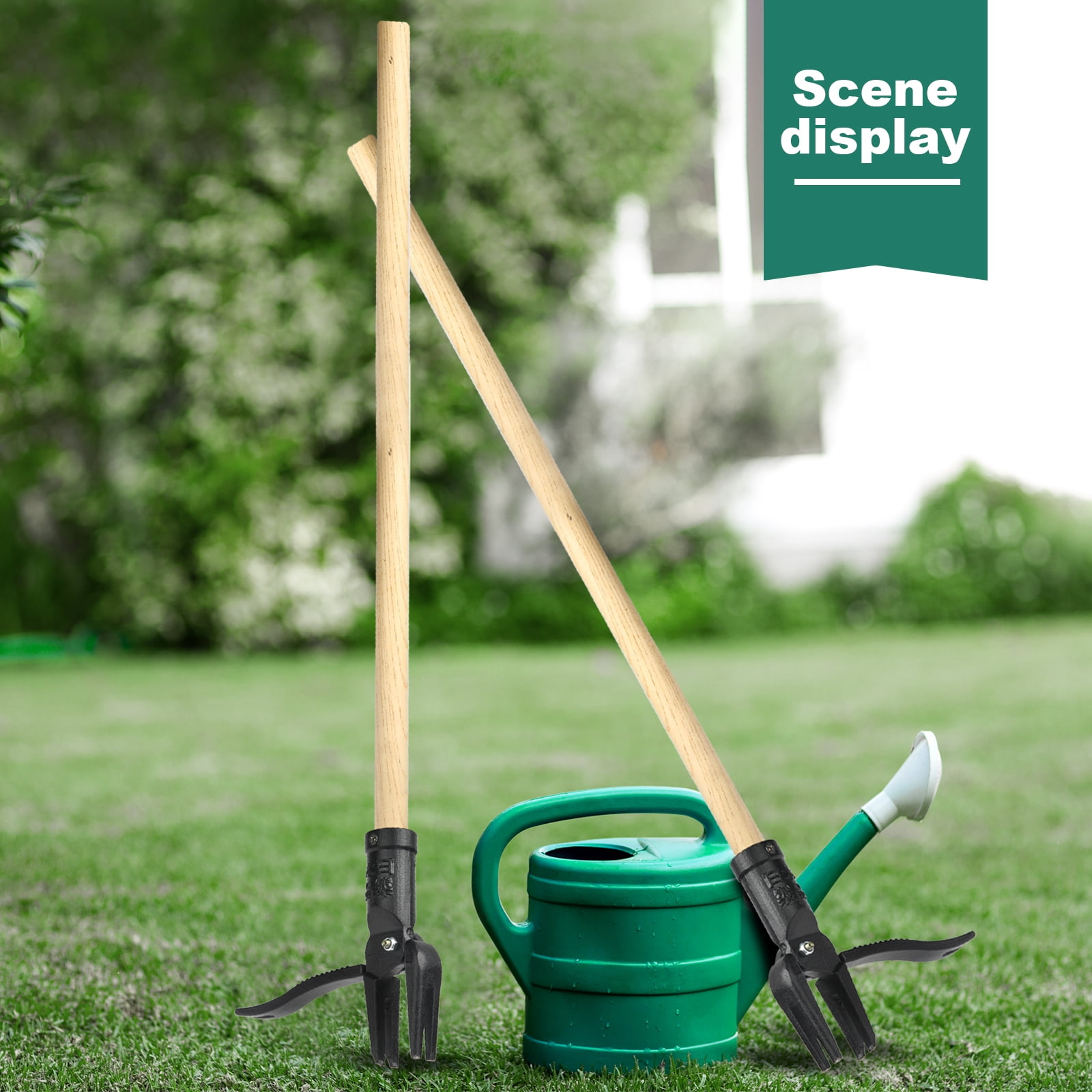 Stand up Weed Puller Tool Heavy Duty Weeding Tool with Long Wooden Handle and 4-Claw Steel Head