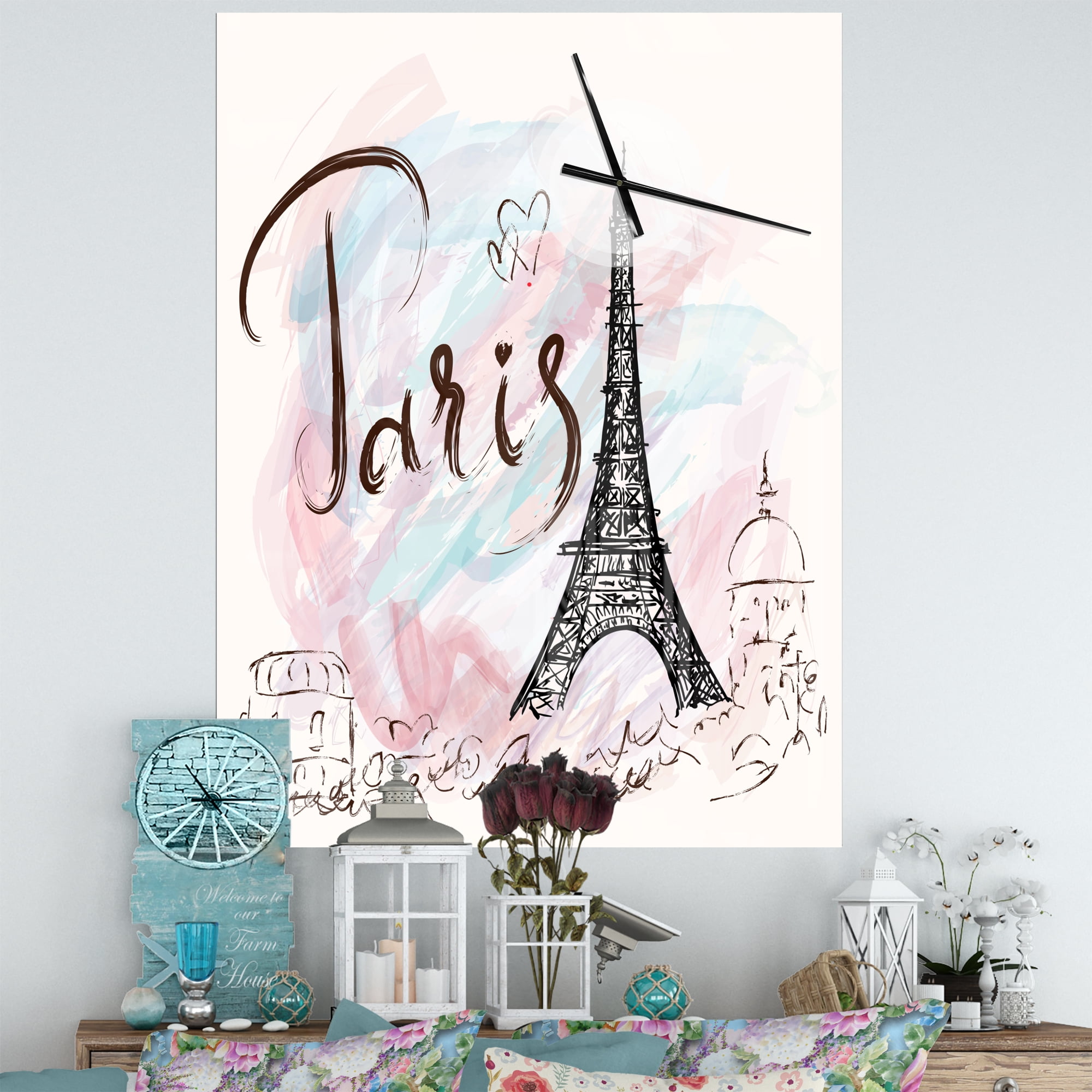 Designart 'Illustration with Paris Eiffel Tower' Modern Wall Clock