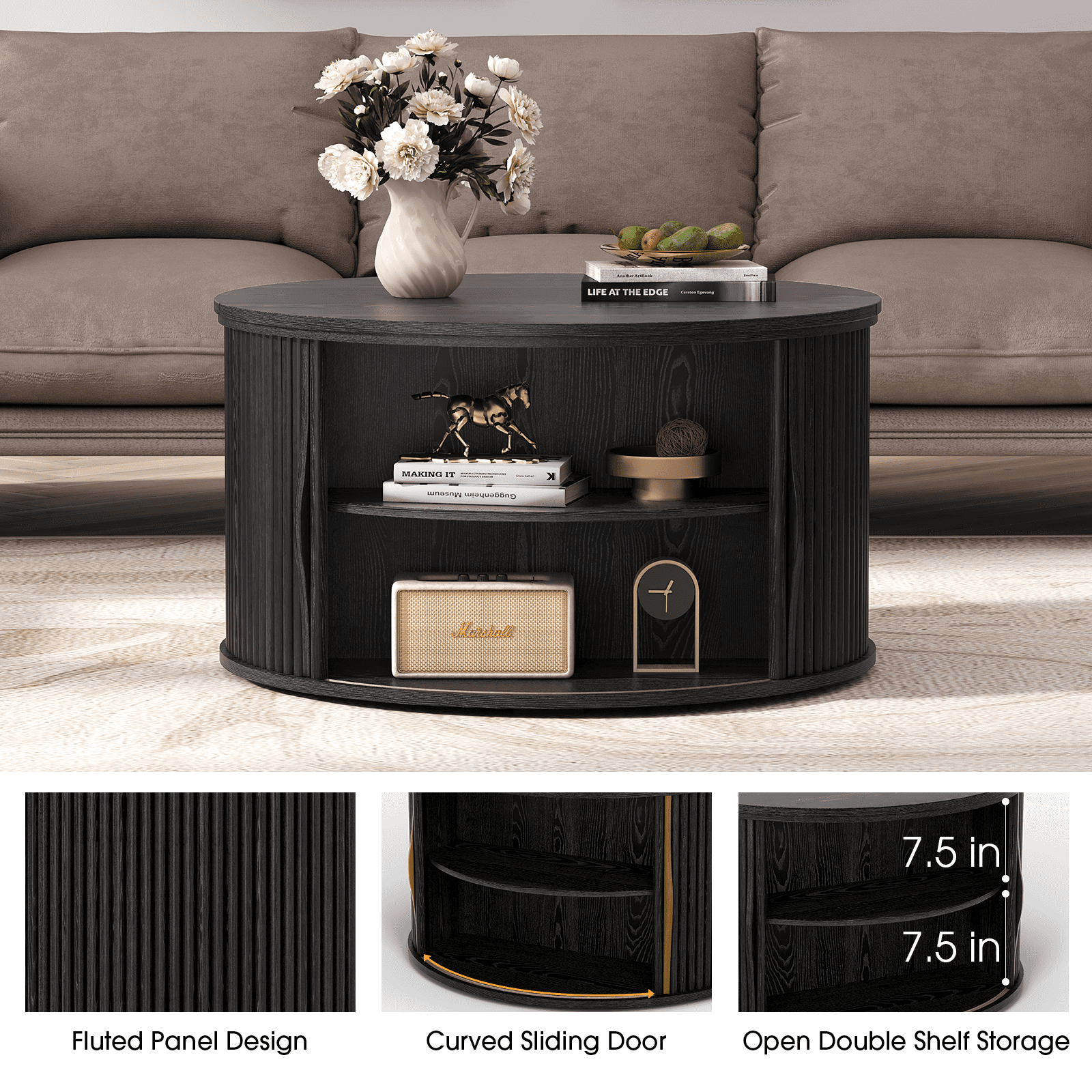 JOINICE Round Coffee Table with Lift Top,Mid Century Modern Wood Drum Center Table with Storage,for Living Room,Black