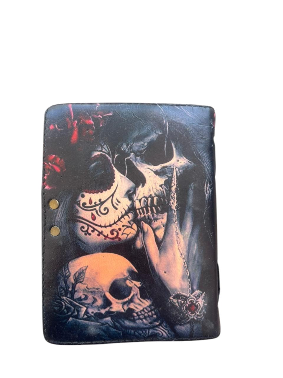 Handmade Leather Journal 5x7 – Skull Couple Gothic Design, 200 Deckle Edge Pages, Vintage Rustic Notebook with Clasp