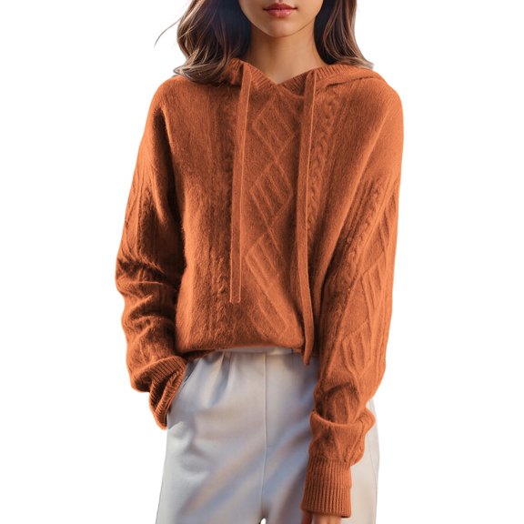 Zedker Women's Hooded Sweater Loose Casual Long Sleeve Drawstring Knit Hoodies Pullover, Plus Size Brown L