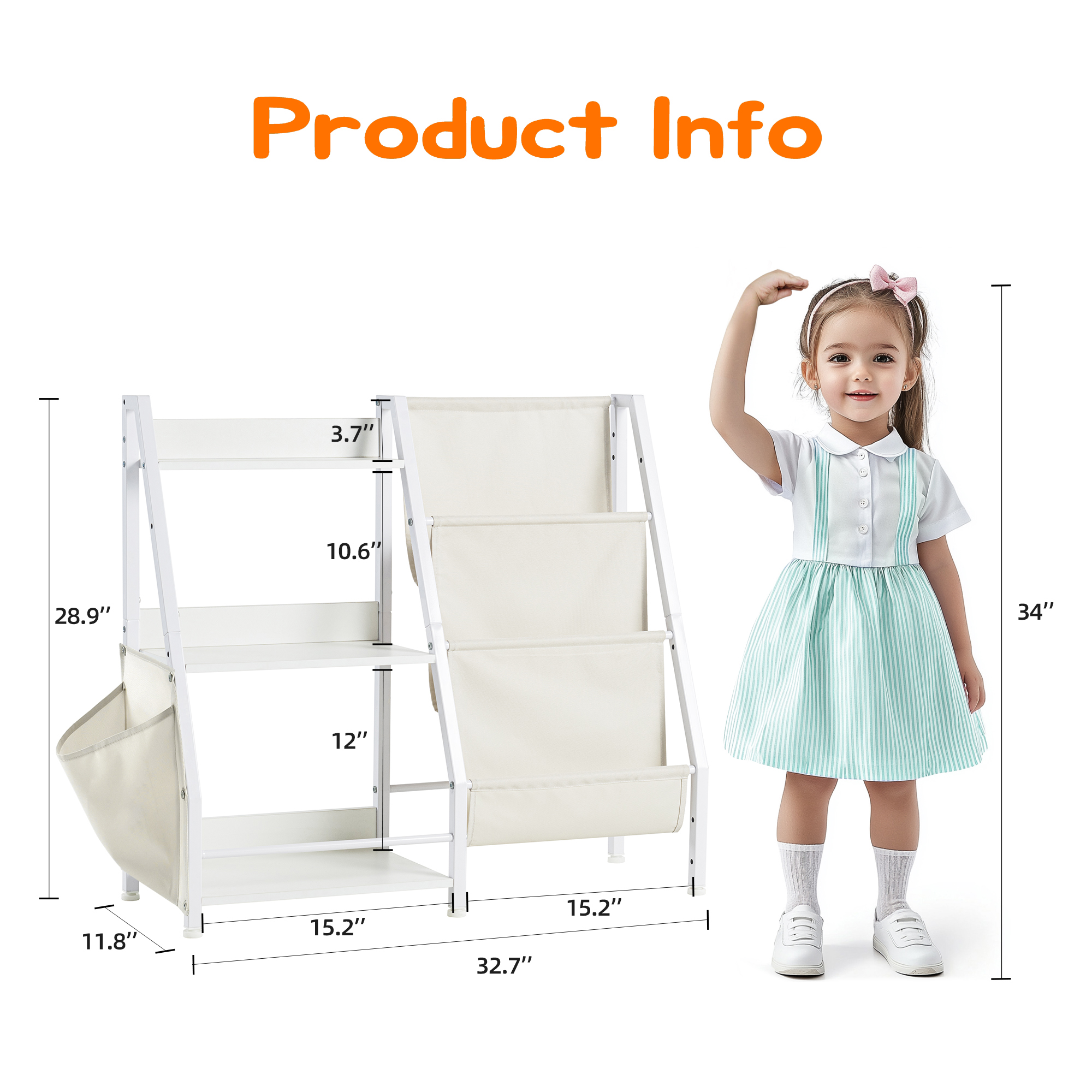 MAYEERTY 3 Tier Kids Bookcases with Pocket, Kids Wooden Bookshelf with Toy Storage Multi-Function Organizer for Kids Room Playroom Nursery Classroom, White
