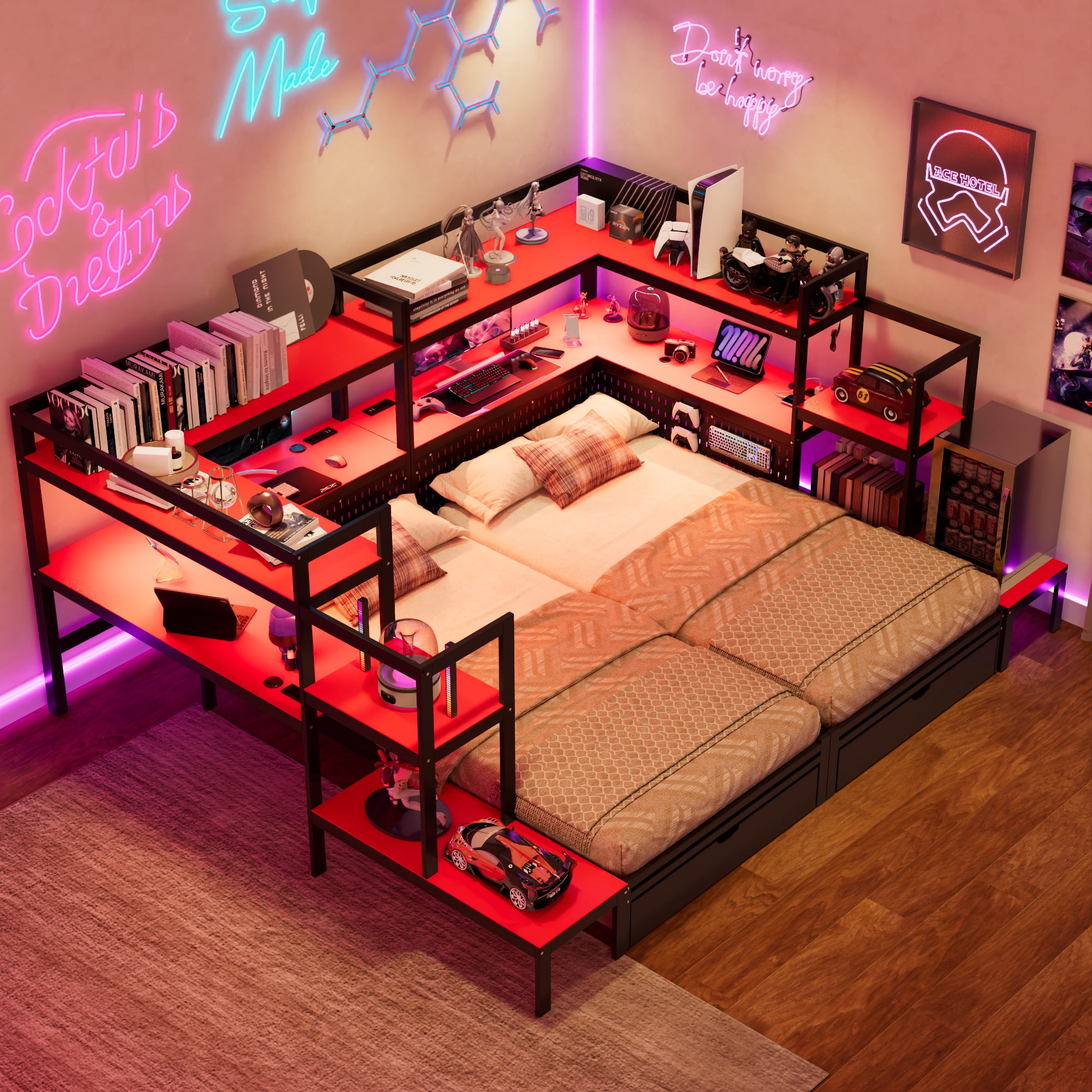 Mintazer Twin LED Gaming Daybed Storage Platform Bed with Charging Station & Integrated Desk Bookshelves and 3 Drawers for Kids Teens, Black+Red