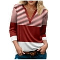 thumbnail image 2 of Royisotas Red Women Plus Size Tops 3/4 Sleeve Fall Striped Color Block Casual Women Blouses and Shirts Loose Fit V-Neck T-Shirts, 2 of 5