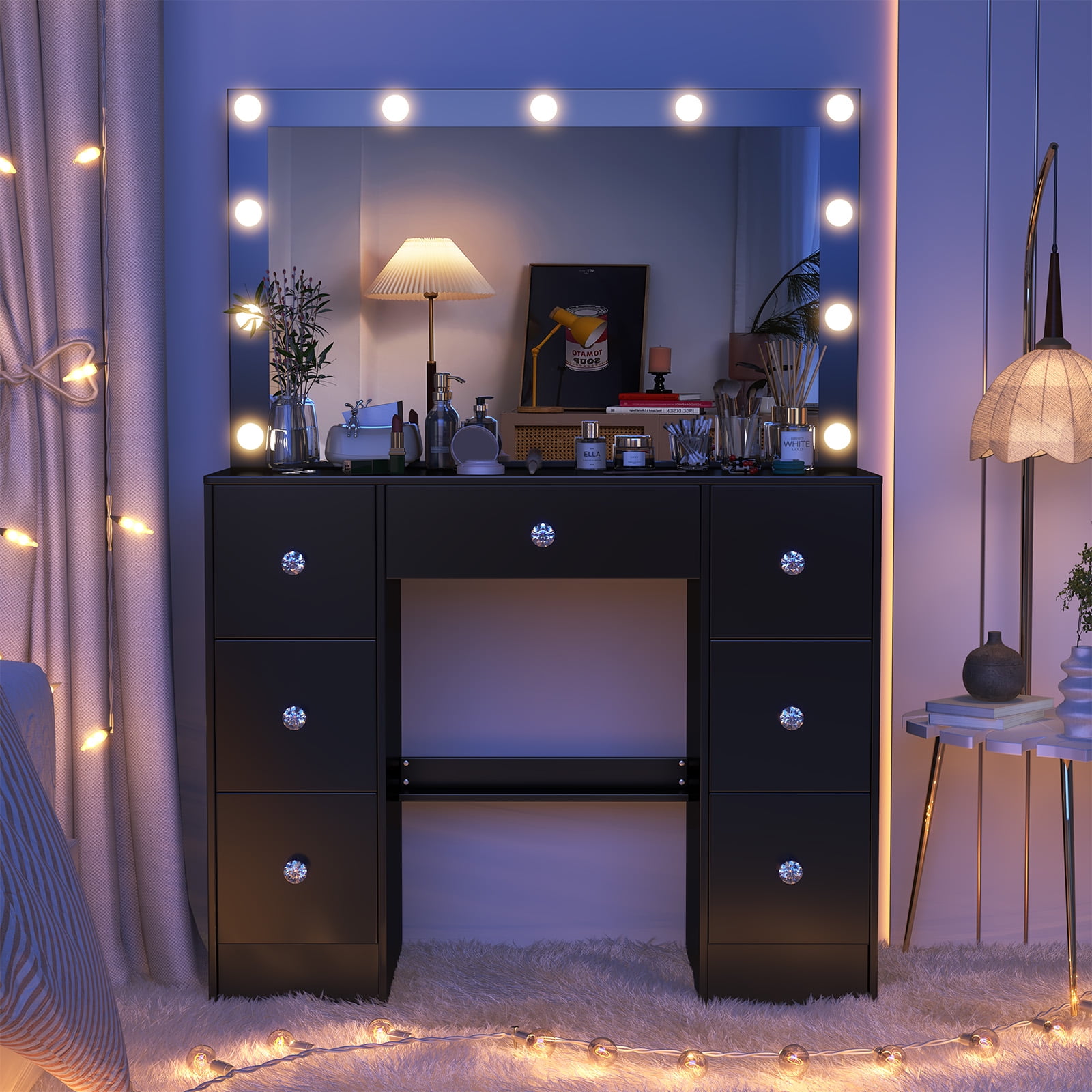 Yamissi Vanity with Mirror and Lights Makeup Vanity Desk with 7 Drawers & 11 LED Bulbs Dressing Table for Bedroom, Black