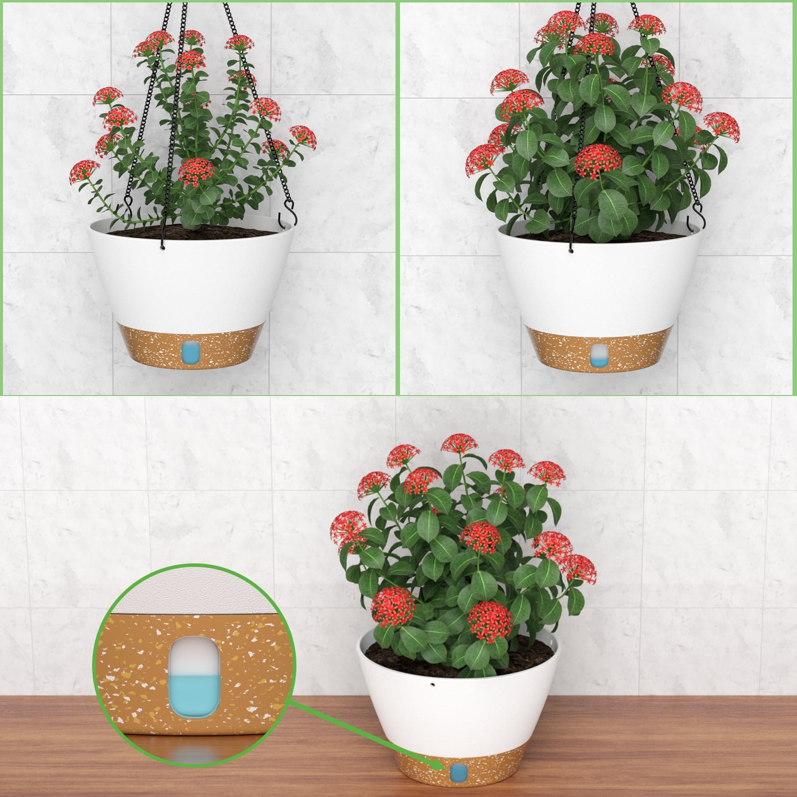 FIASON 2 Pack Plastic 12 Inch White Large Hanging Planter for Indoor & Outdoor Plants, Self-Watering Hanging Baskets with Visual Water Level Reservoir, Drainage Holes & Plant Hanger