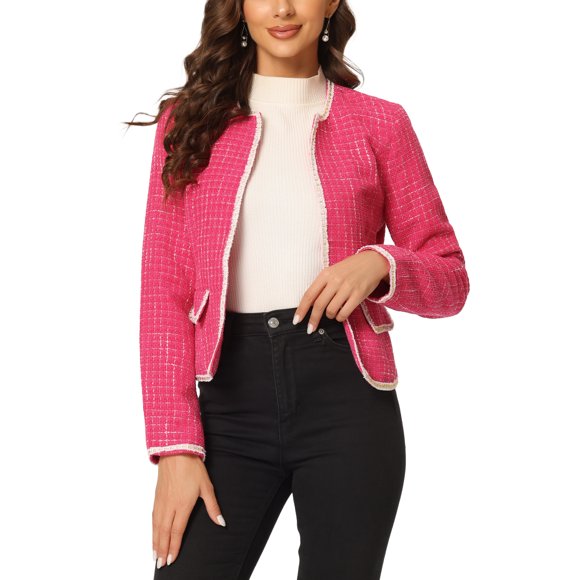 INSPIRE CHIC Women's Halloween Costume Plaid Tweed Open Front Office Short Blazer Hot Pink XL