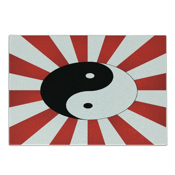Ying Yang Cutting Board, Traditional Themed Ying Yang on Chinese Rising Sun Burst Pattern Print, Decorative Tempered Glass Cutting and Serving Board, Small Size, Black White Red, by Ambesonne
