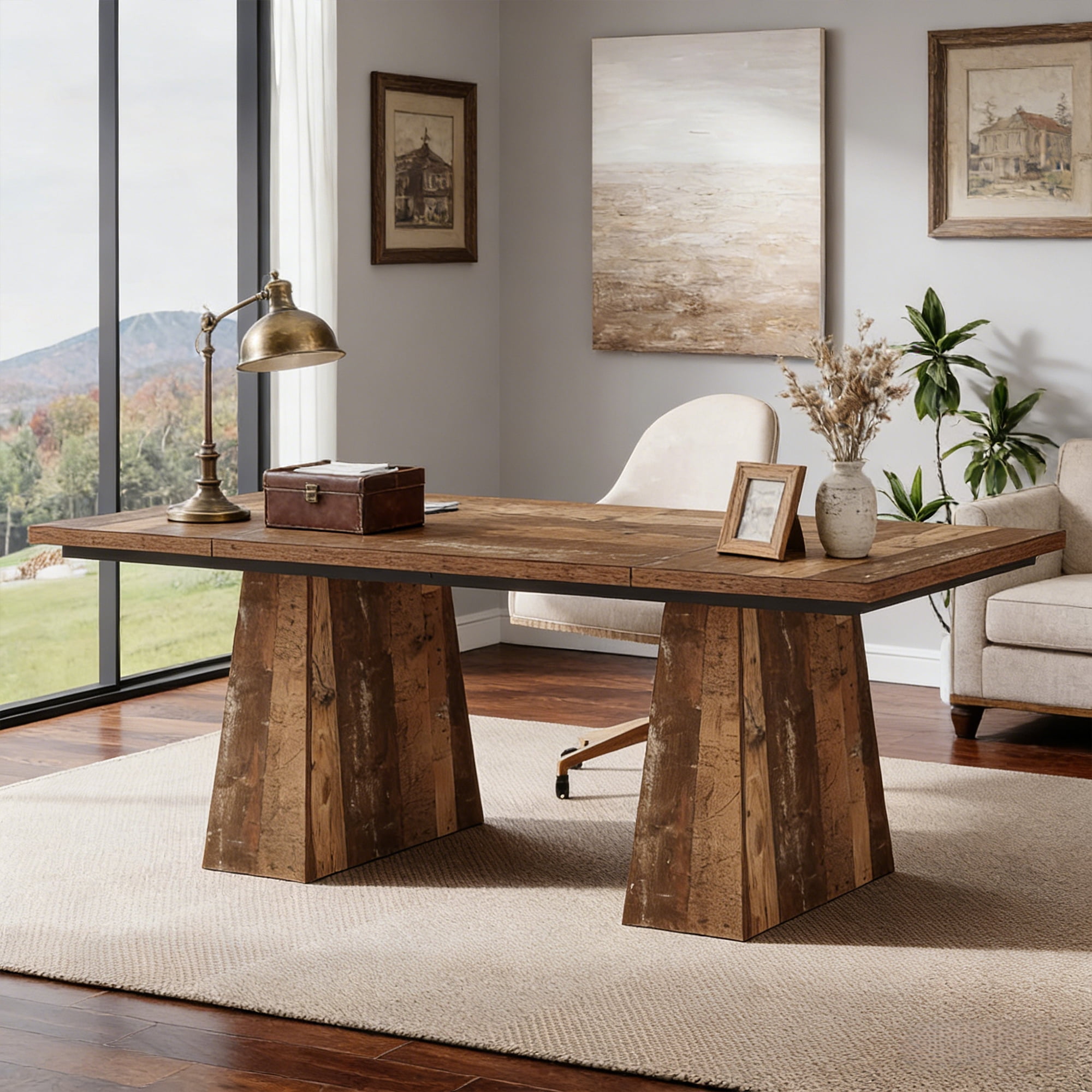 63-Inch Executive Desk, Large Home Office Computer Desk With Double Pedestal, Modern 250LB Heavy-Duty Workstation, Writing Table Conference Table, Espresso Brown Business Furniture