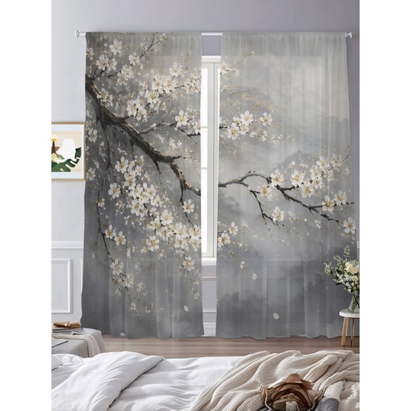 Romantic Blossom Floral Chiffon Sheer Curtains 84 Inches Long Gradient Gray Mountains Rod Pocket Window Curtains Voile Drapes Curtains for Living Room Bedroom,2 Panels
