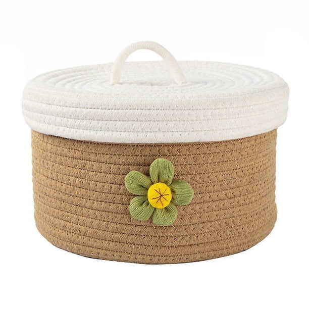 Lidded Toys Storage Basket Cotton Rope Clothes Basket Round Woven Storage Basket