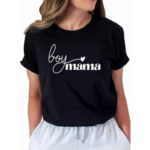Mother Days Tees Womens Mom of Boys Round Neck Short Sleeve Graphic Shirts for Mama Shirts