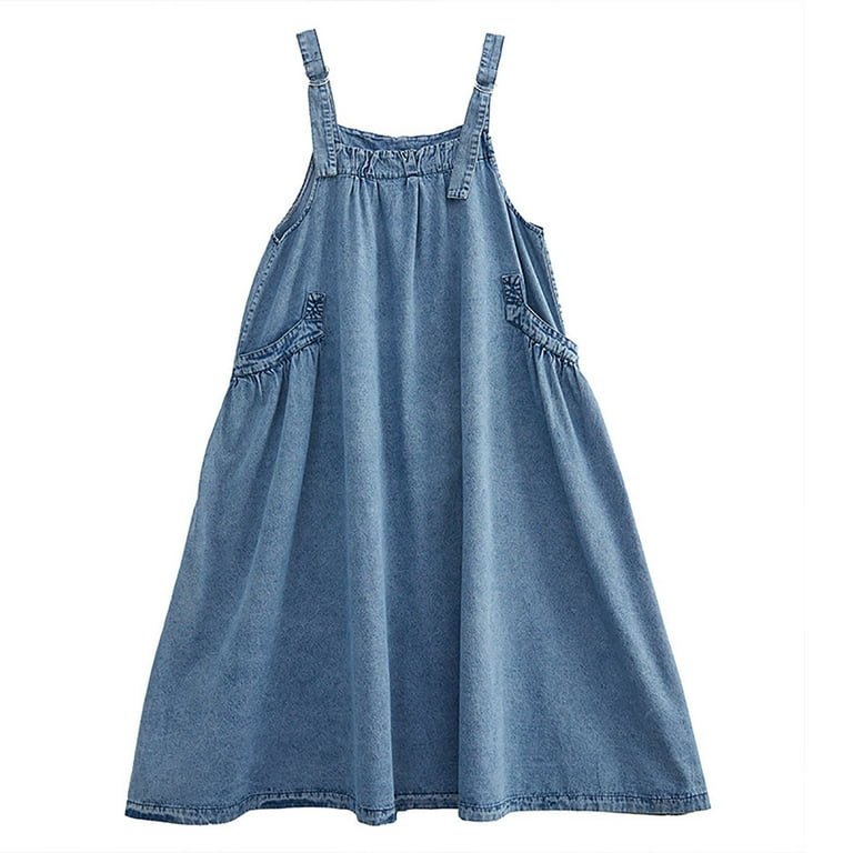 Womens Denim Bib Overall Dress Casual Loose Summer Sleeveless Adjustable Jean Jumper Maxi Dresses with Pockets