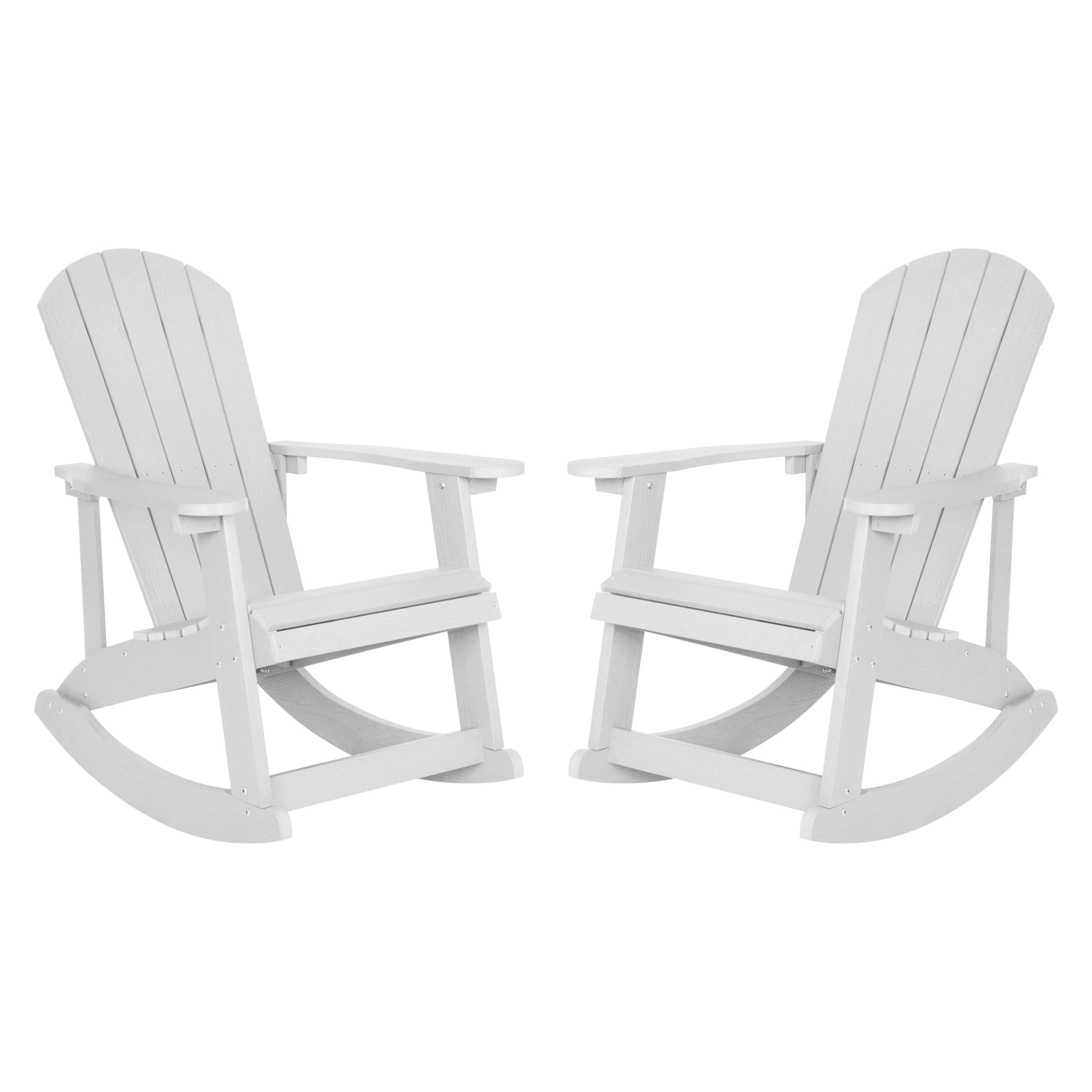Emma + Oliver Set of 2 Classic All-Weather Poly Resin Rocking Adirondack Chairs in White with Stainless Steel Hardware for Year Round Use