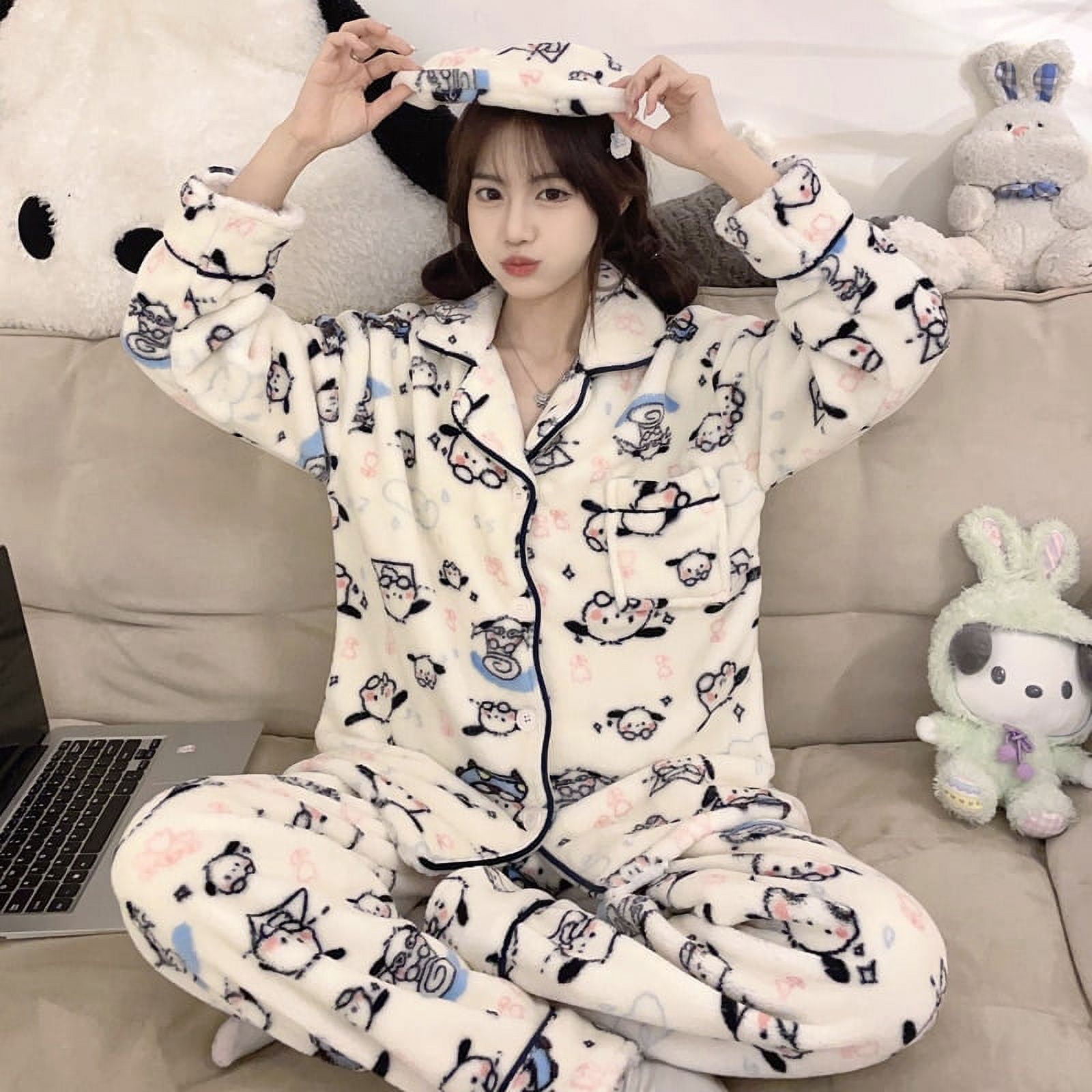 Sanrio Hello Kitty Melody Cartoon Plush Pajama Set Y2K Women's Autumn/winter  Flannel Pajamas Coral Plush Long Sleeve Pants Gift 