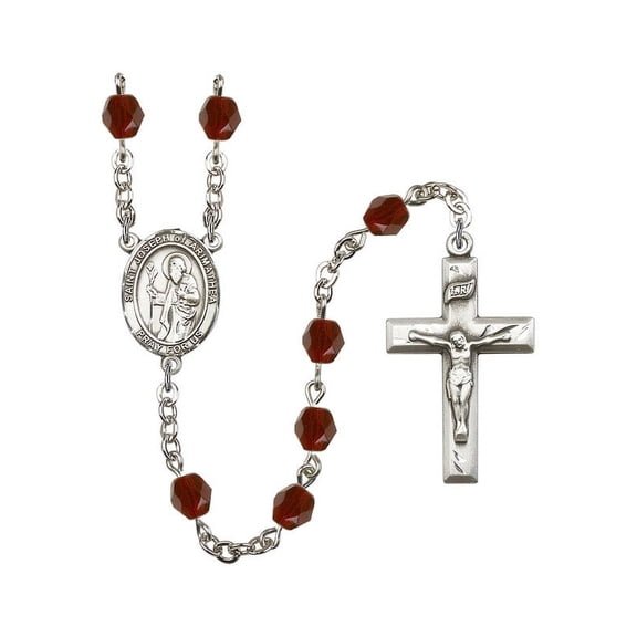 St. Joseph of Arimathea Silver-Plated Rosary 6mm January Red Fire Polished Beads Crucifix Size 1 3/8 x 3/4 medal charm