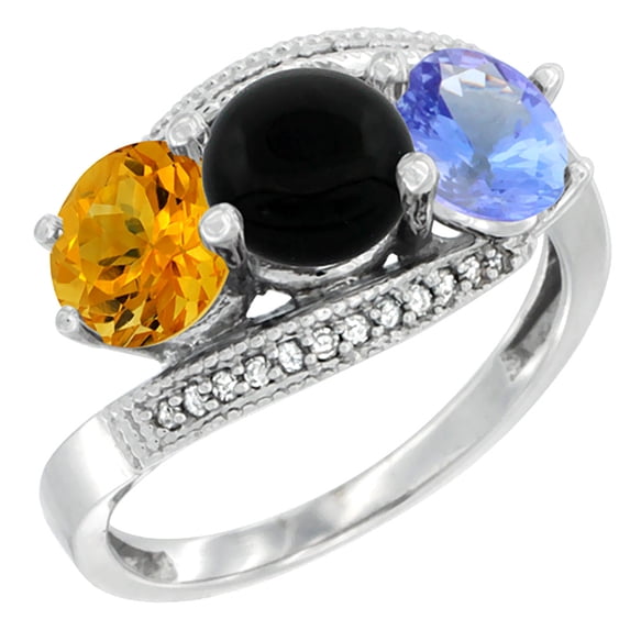 14K White Gold Natural Citrine, Black Onyx & Tanzanite 3 stone Ring Round 6mm Diamond Accent, size 8.5