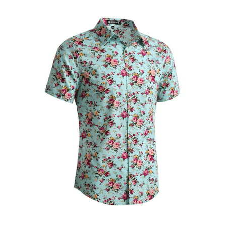 Men's Short Sleeve Button Front Floral Print Cotton Hawaiian