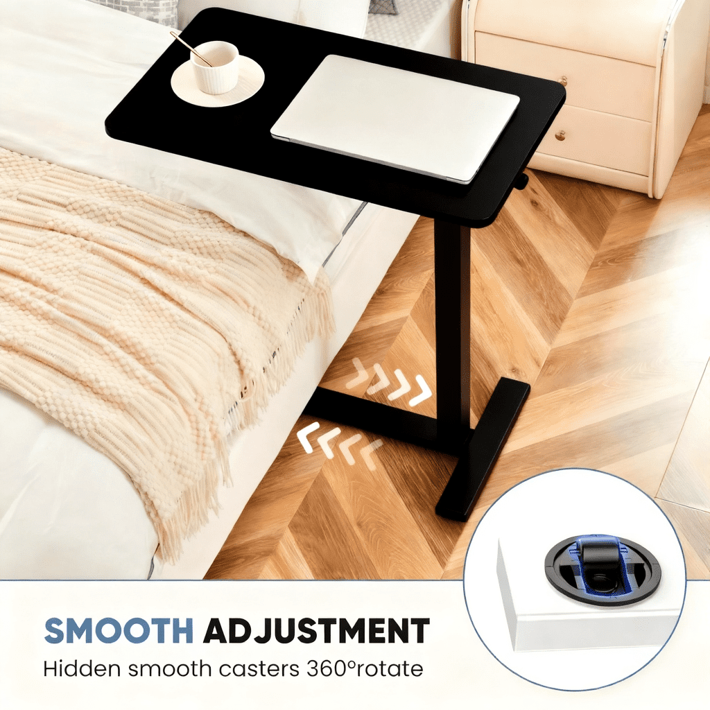 CONCETTA Overbed Table with Wheels, Mobile and Adjustable height Standing Desk, Saves Space for Hospital, Bedside, Black