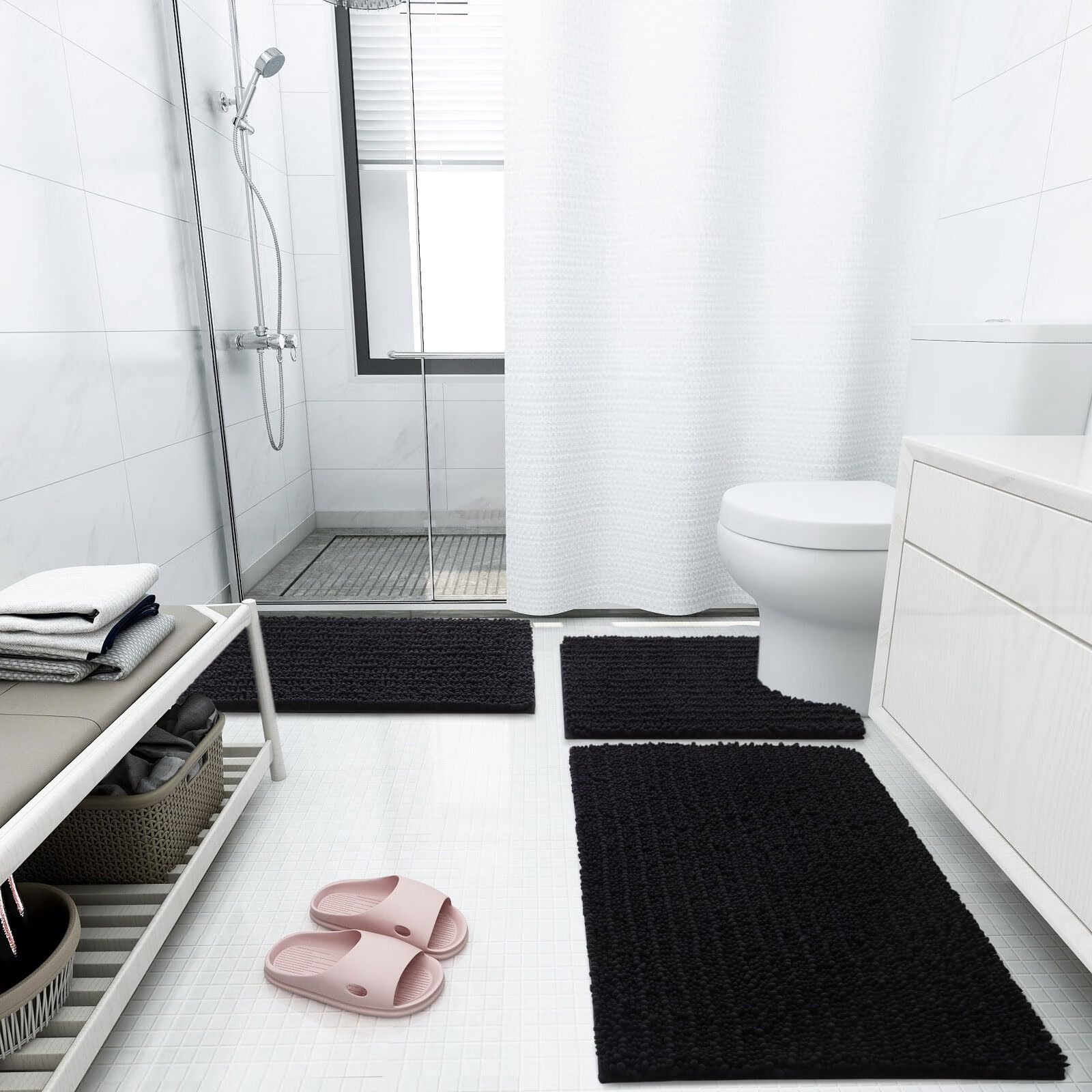 DISEN Luxury Chenille Bathroom Rug Mat, Extra Soft Thick Absorbent Shaggy Bath Rugs, Non-Slip Machine Wash Dry Plush Bath Mats for Bathroom, Shower, and Tub (24"x16", Black)