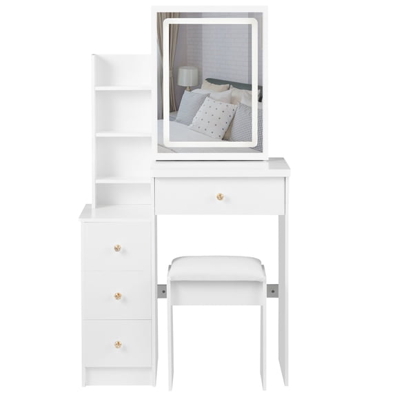 Makeup Vanity Desk with Slide Mirror And Lights, Small Vanity With Cushion Stool, 4 Drawers & Shelves, 3 Color Lighting Modes, Adjustable Brightness For Bedroom