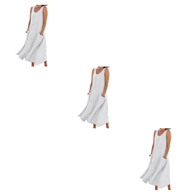 Minnieouse vestido de verano de las mujeres sin mangas cuello boho estilo vintage playa kaftan largo con bolsillos viaje casual blanco / l Type1 NO1