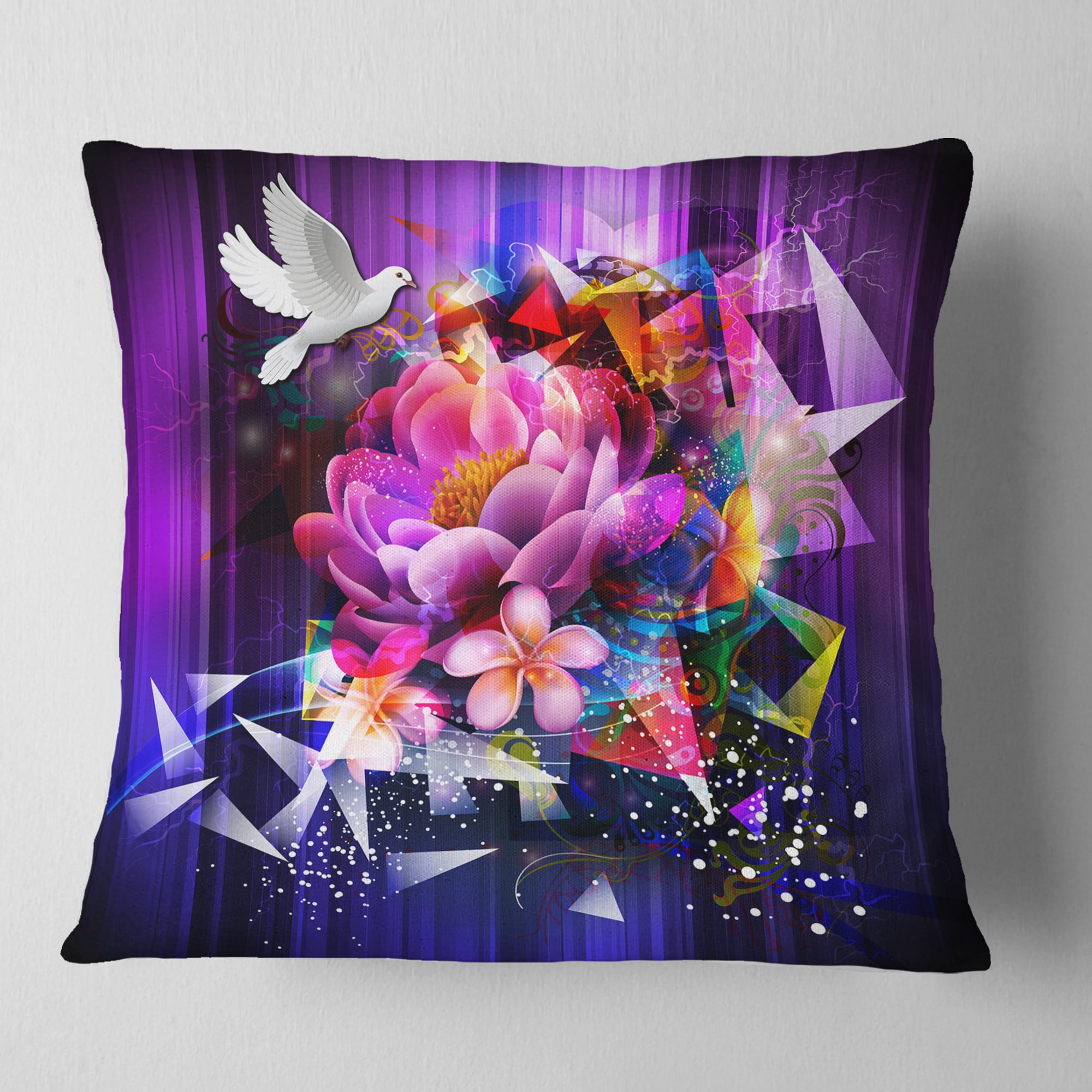 Designart Abstract Floral Design with Dove - Floral Throw Pillow - 16x16