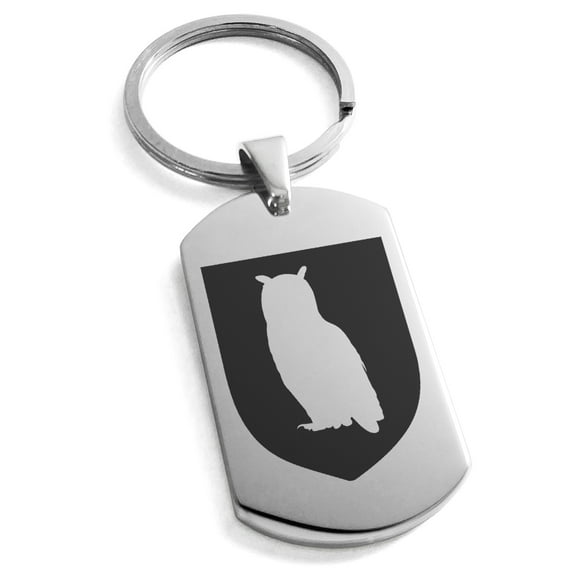 Stainless Steel Owl Wisdom Coat of Arms Shield Engraved Dog Tag Keychain Keyring