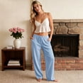 thumbnail image 4 of Domzest Striped Pants for Women Drawstring Elastic High Waist Wide Leg Linen Blend Trousers Casual Comfy Palazzo Pants with Pockets Light Blue XXL, 4 of 5