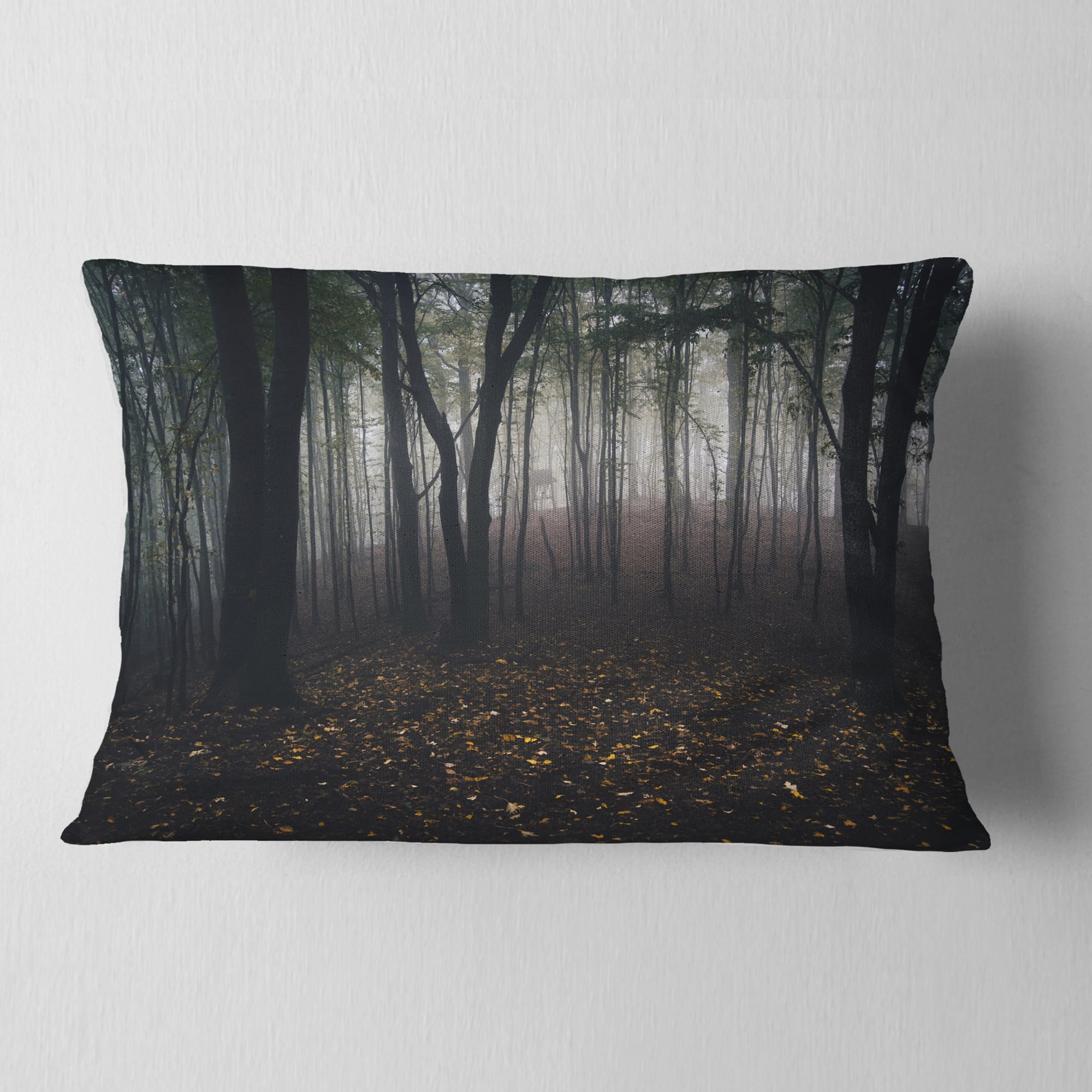 Designart Dark Spooky Misty Wild Forest - Oversized Forest Throw Pillow - 12x20