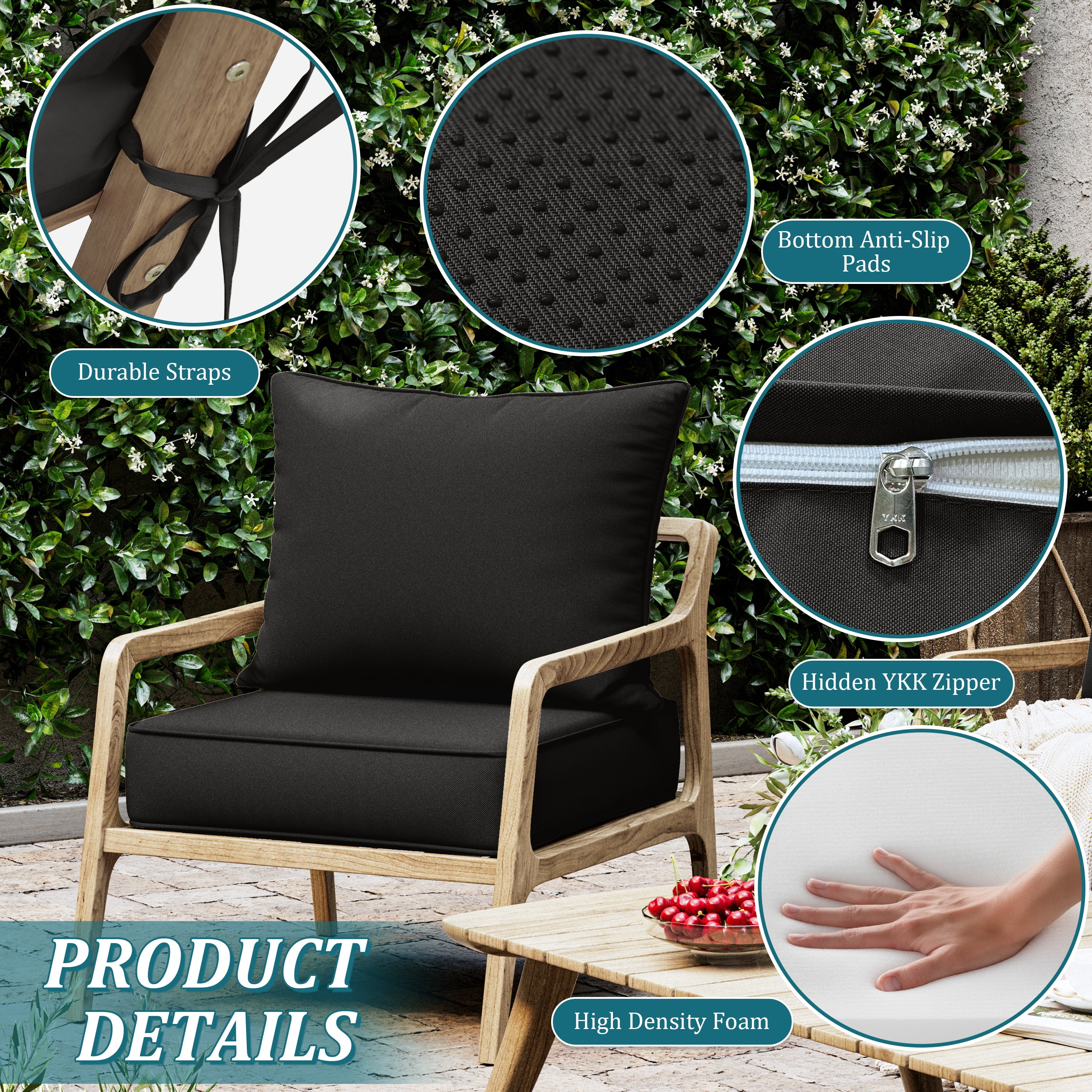 Kimunuk 6 Pack Outdoor Deep Seat Cushion Set, 24" x 24" x 6.5" Patio Furniture Chair Cushions Replacement for Sofa Couch, Black