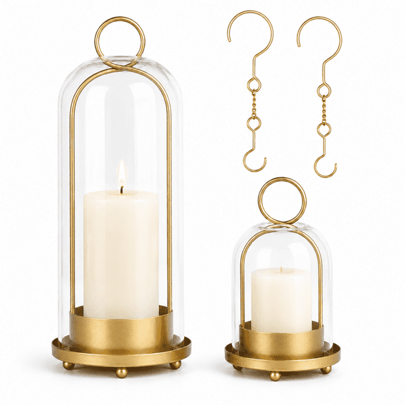 Hurricane Glass Candle Holders Set of 2, 5" & 4" Metal Candle Holder with Glass Dome, Candle Lantern for Pillar Candles, Table Centerpiece Home Decor