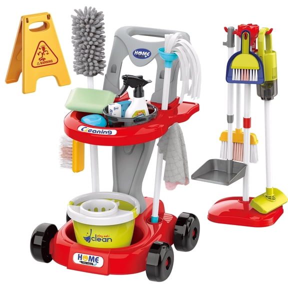 iYofe Kids Cleaning Set Toys 29PCS, Toddler Cleaning Set with Broom and Dustpan Set, Housekeeping Pretend Play Toys with Realistic Kids Vacuum, Duster, Brush, Rag, Toddler Girl Boy Gift, Red