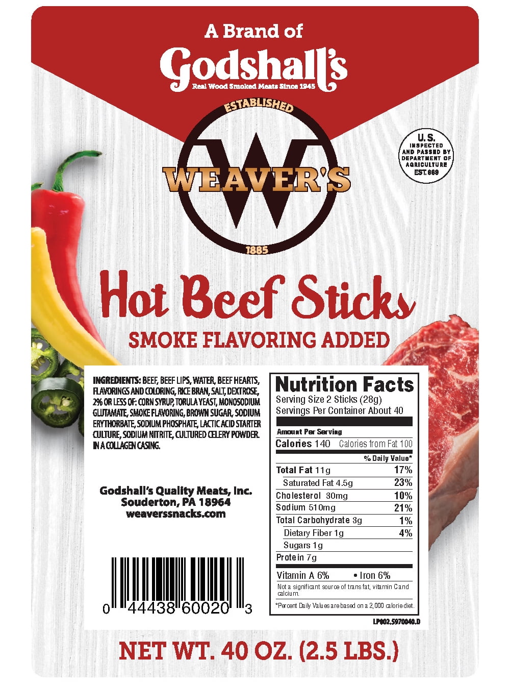 Weavers Hot Beef Sticks 80 Hot and Spicy 6.5 Inch Beef Sticks per 40oz Bag