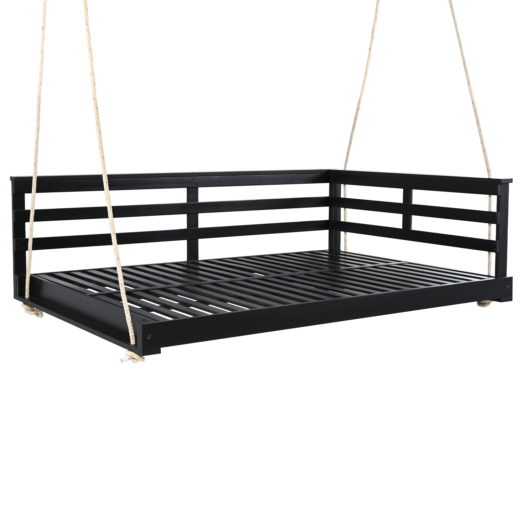 Euroco Acacia Wood Swing Bed with Hemp Rope Suspension, 350lbs Weight Capacity, Open-Side Minimalist Design, Easy Setup