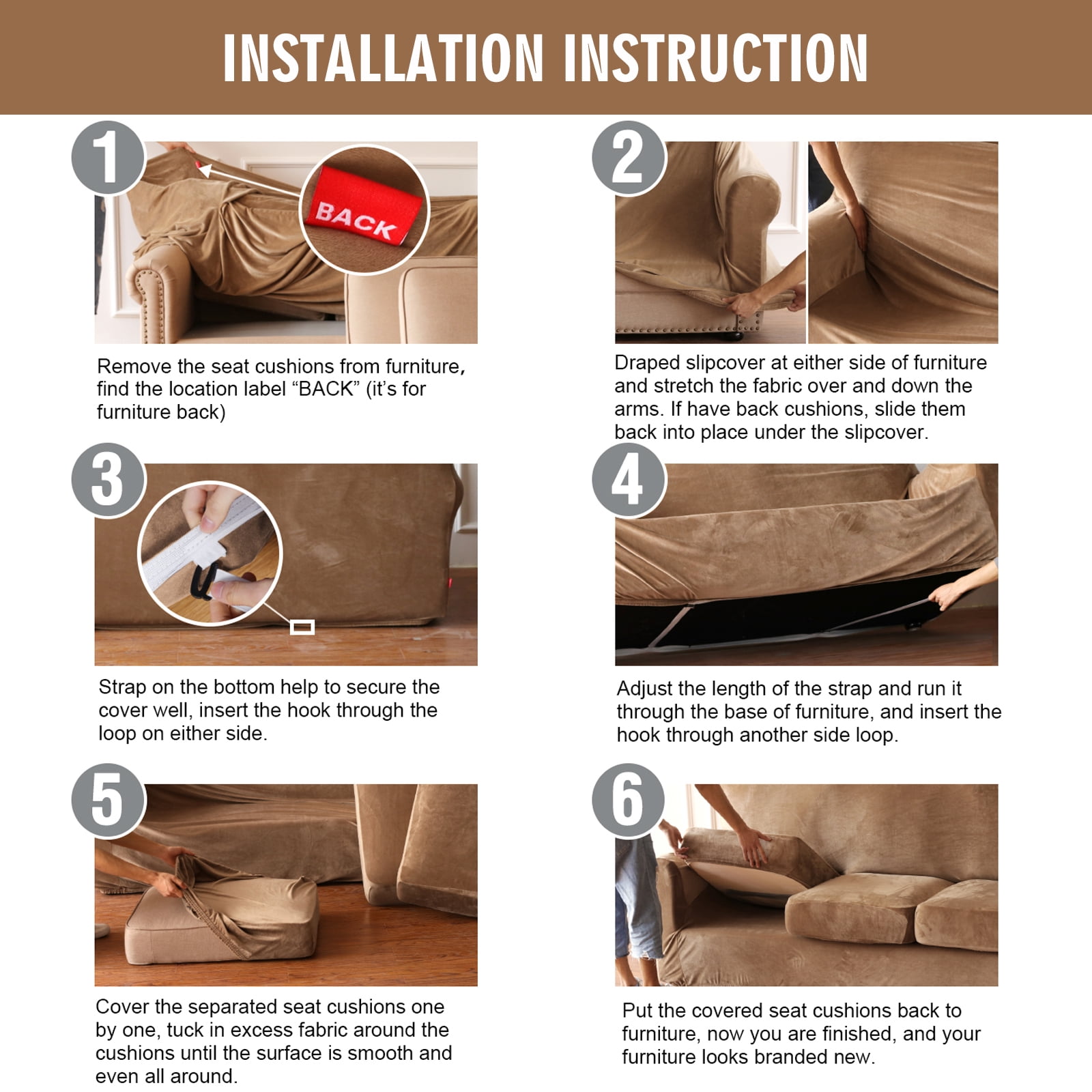 Velvet Plush Sofa Covers, Armhair Loveseat Couch Slipcover with Separate Cushion Cover (Camel, For 3-Seater Sofa)