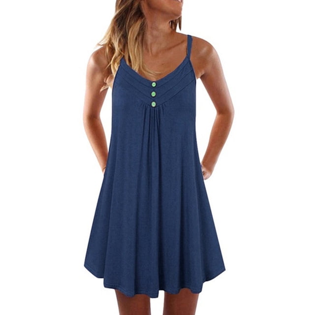 LUXUR Robe Courte Mini pour Femme à Bretelles Spaghetti Évasée en Ligne A Robe d'Été Boutonnée à Bretelles Combinaison Décontractée Plissée Bleu Foncé TG